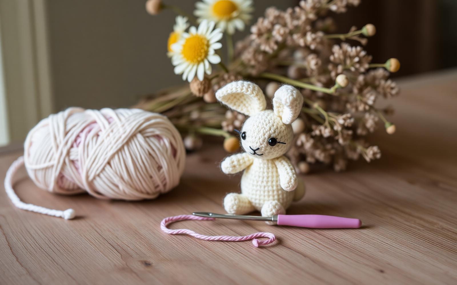 Small cream crocheted amigurumi bunny beside a ball of yarn and a pink crochet hook on a wooden table with dried flowers