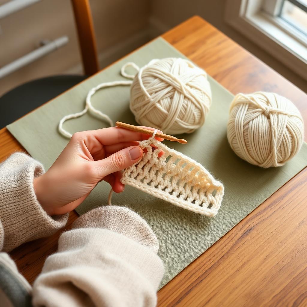 Beginner crocheter's hands holding a wooden hook and working a foundation chain in cream yarn on a sage green mat, with two balls of yarn on a warm oak table