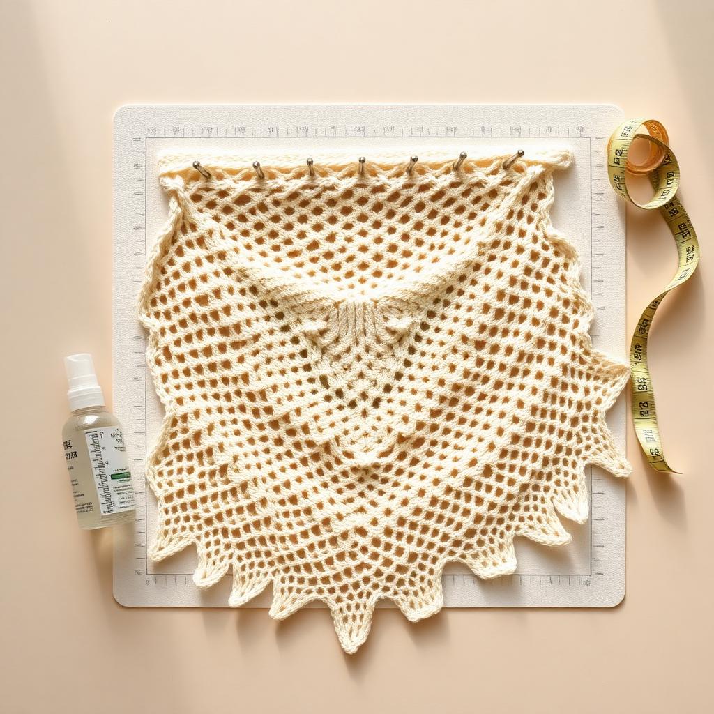 A cream crochet shawl pinned to a blocking mat with rust-proof T-pins, a spray bottle and measuring tape