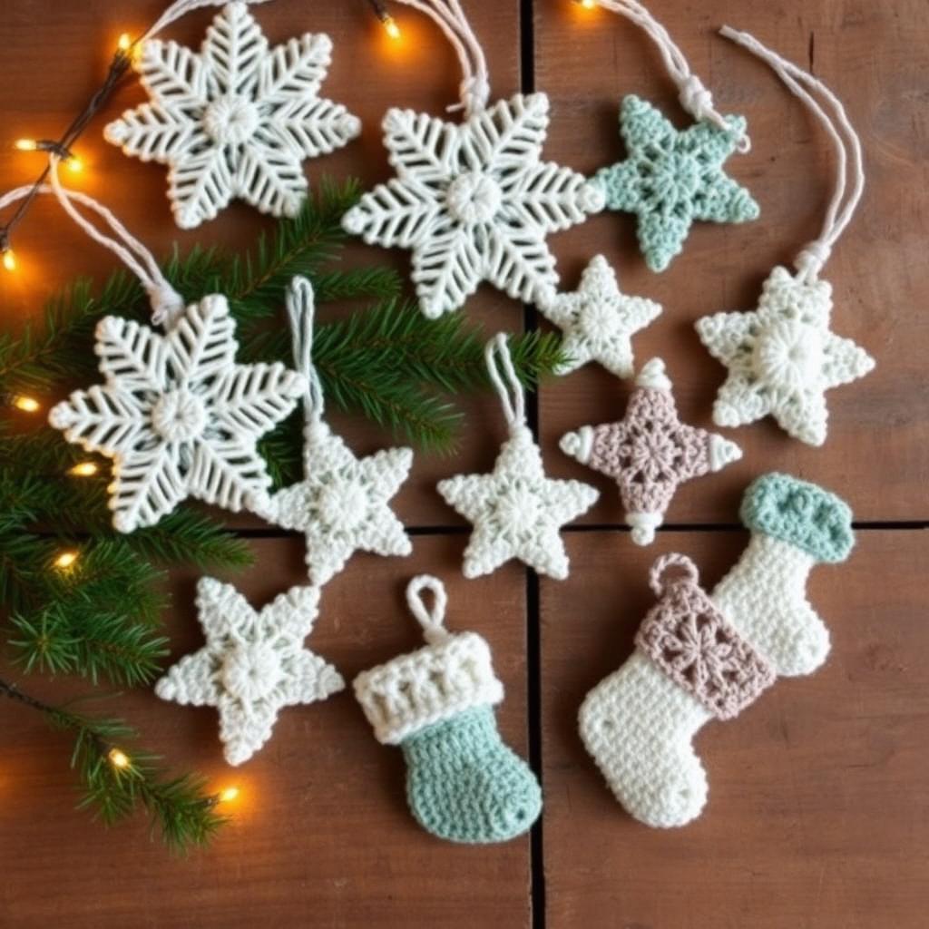 Handmade crochet Christmas ornaments — cream snowflakes, sage stars and mini stockings — on a rustic table with fairy lights