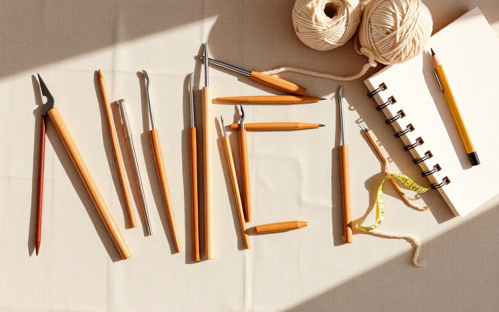 Overhead view of a variety of wooden and metal crochet hooks laid out on beige linen with cream yarn balls and a notebook