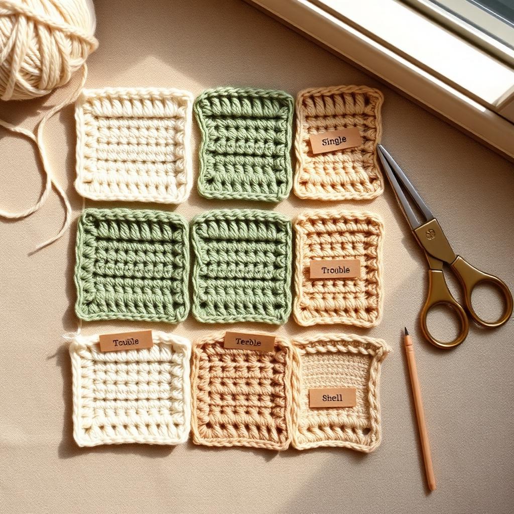 Grid of crochet stitch swatches in cream, sage green and beige cotton yarn — single, double, half double, treble and shell stitches — labeled with small kraft paper tags on a linen background
