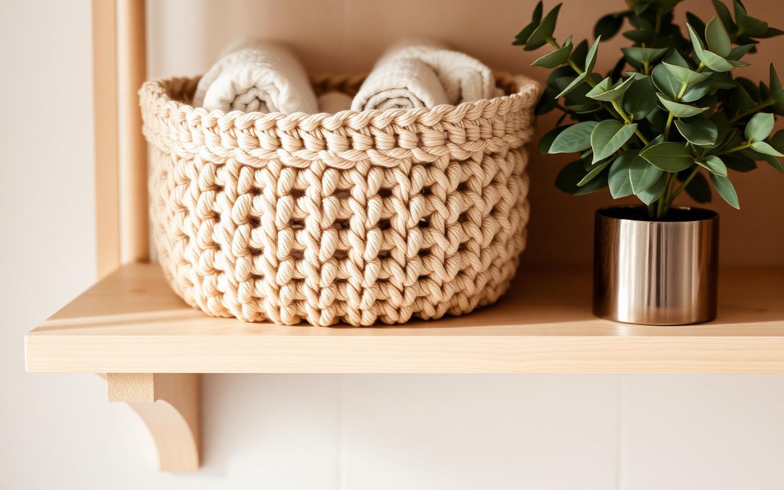 Chunky beige crochet cotton storage basket on a light wooden shelf holding rolled towels, with a small eucalyptus plant beside it