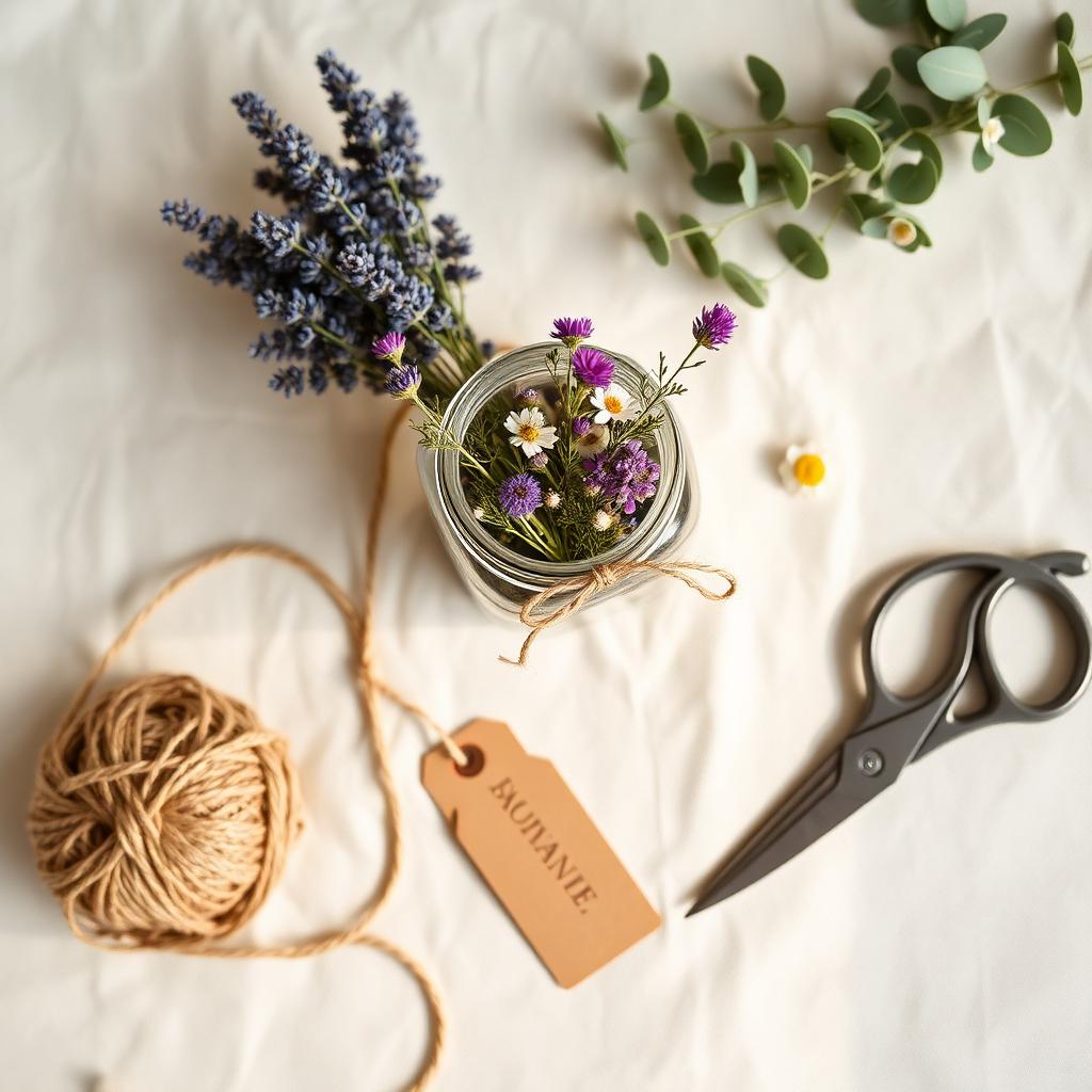 Rustic DIY craft flat lay with mason jar of dried lavender and wildflowers, twine, brown kraft paper tag, eucalyptus sprigs and small scissors on a cream linen background
