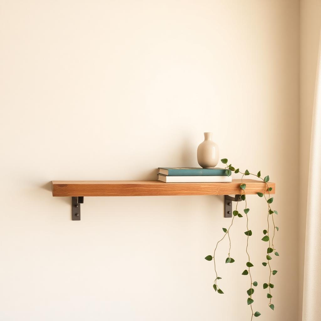A wooden farmhouse-style floating shelf on a cream wall styled with a small vase, books and trailing plant
