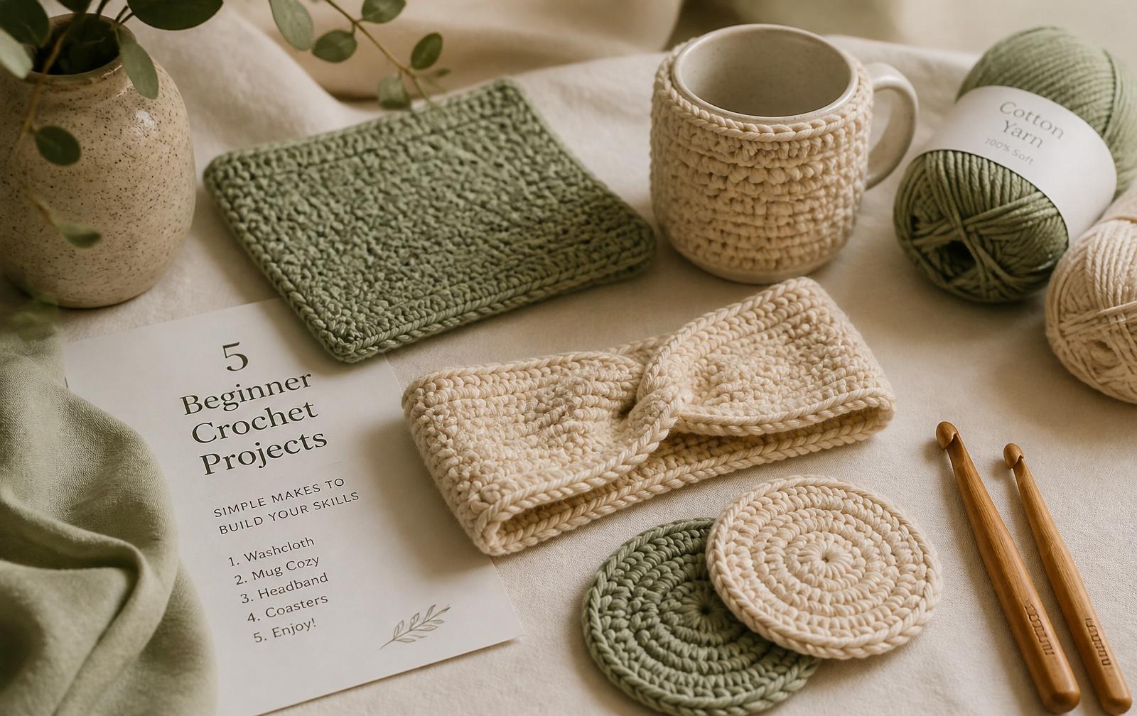 Flat lay of beginner crochet projects: sage green cotton washcloth, cream mug cozy, folded headband, round coasters, wooden hooks and sage and beige yarn balls on cream linen