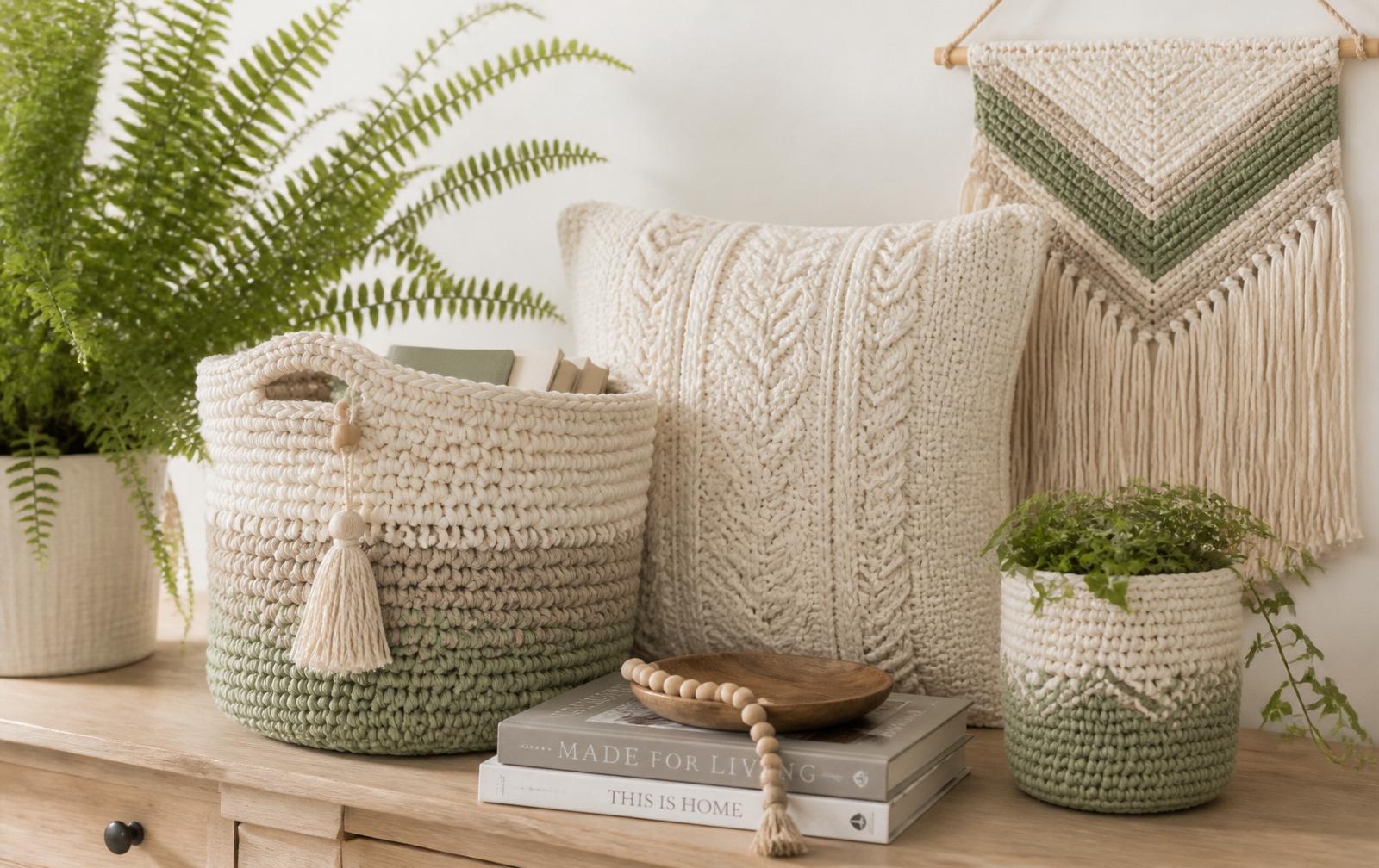 Cozy crochet home decor collection: chunky cream storage basket with sage base, cable-textured pillow cover, small plant pot cozy, chevron wall hanging in cream and sage on a light wooden console with potted ferns