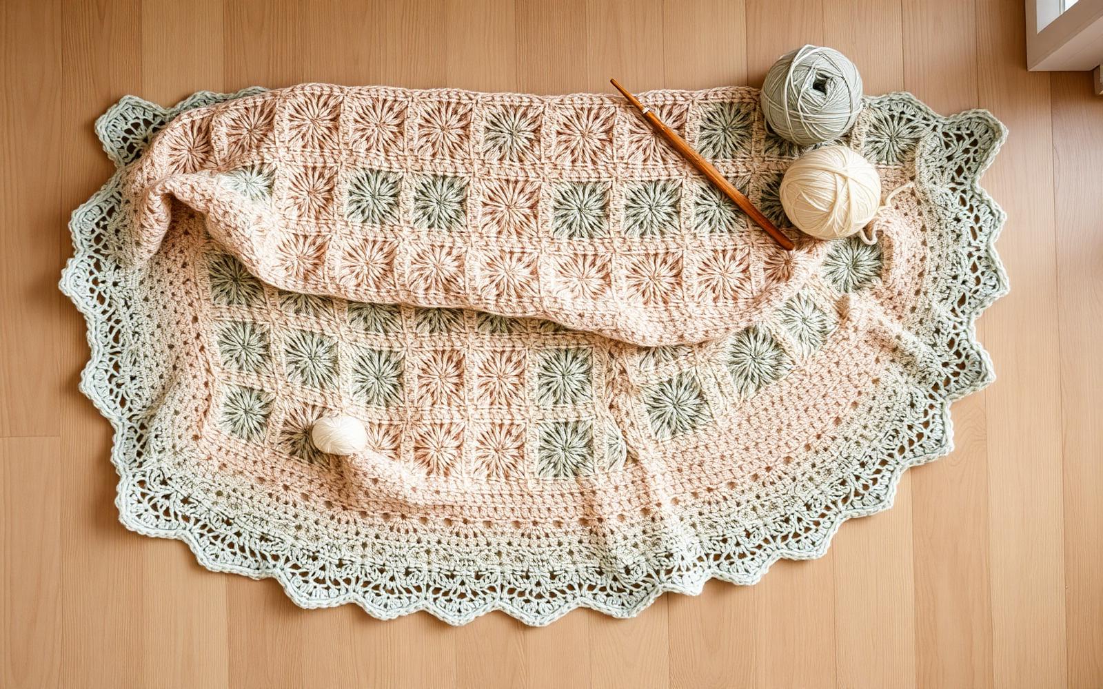Pastel granny square crochet blanket in cream, sage and dusty rose laid on a light wooden floor with wooden hook and yarn balls