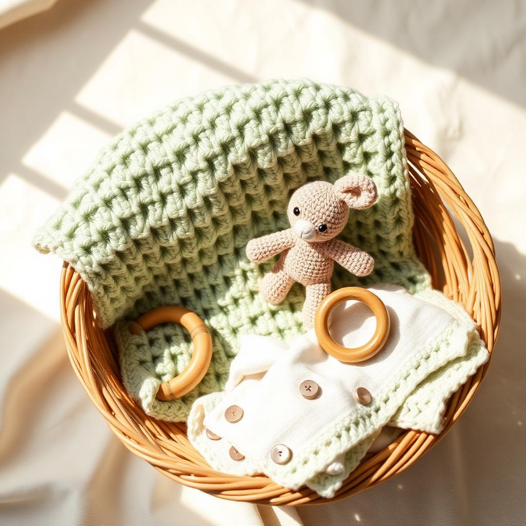 Handmade baby gift basket with sage green crochet baby blanket, small amigurumi bunny lovey, wooden teething ring and folded muslin cloth in a woven basket on cream linen with warm natural light