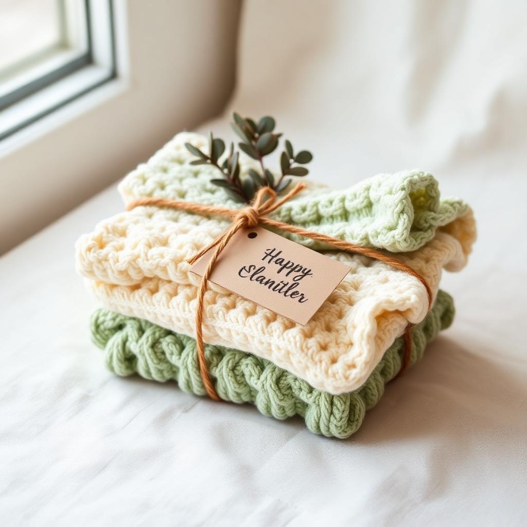 Stack of handmade cream and sage green crochet cotton dishcloths tied with jute twine and a hand-lettered kraft gift tag with a sprig of dried eucalyptus on cream linen