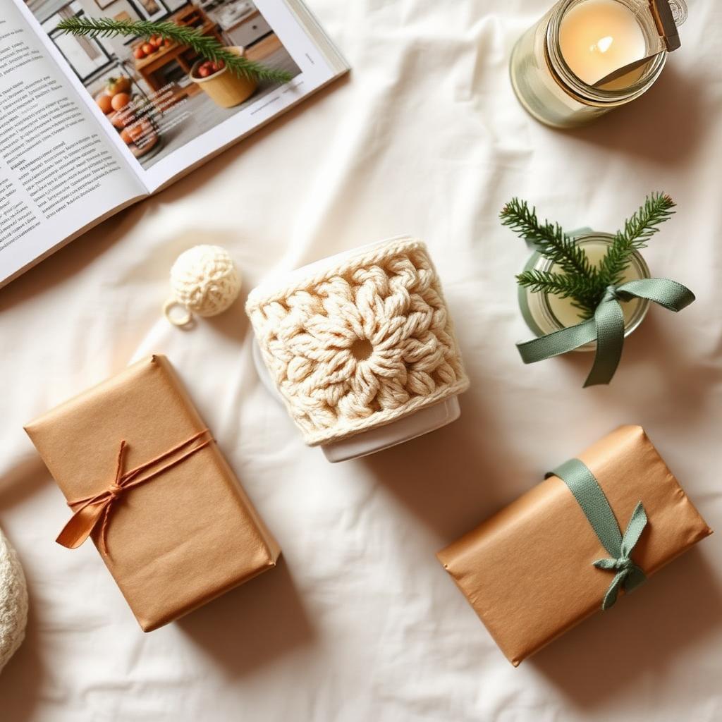Flat lay of last-minute handmade gifts: a cream crochet mug cozy on a ceramic mug, hand-poured soy candle in a glass jar with sage ribbon, kraft paper wrapped parcels with jute twine on cream linen