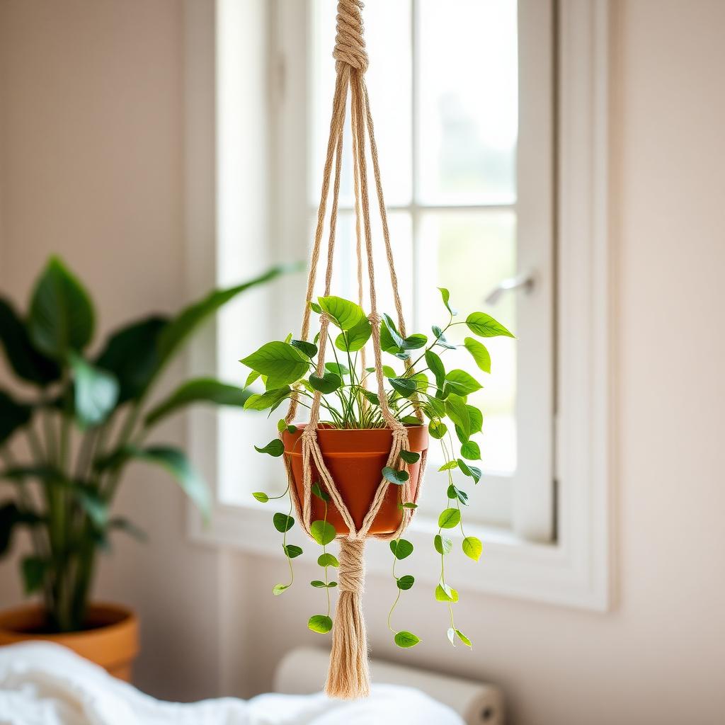 A natural cotton macramé plant hanger holding a terracotta pot with trailing pothos by a window