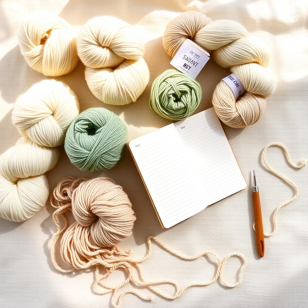 Assortment of yarn skeins in cream, sage green, beige and undyed wool on a cream linen background with an open notebook, wooden crochet hook and partially unwound skein