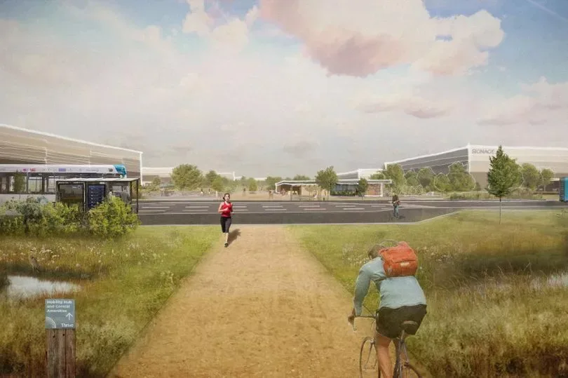 What Thrive's central route would look like if the recruitment site was in North Warwickshire, between the villages of Curdworth, Over Green and Wishaw near Junction 9 of the M42.