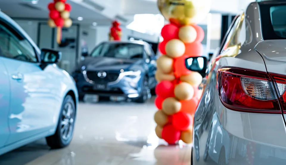 Cars on display in the showroom with columns of party balloons, viewed from the rear corner of the silver car in front.