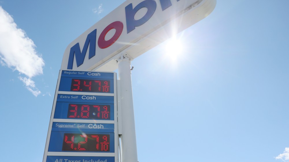 Gas prices are displayed at a Mobile Gas station on March 17, 2026