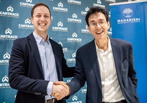USE THE WORK: A long-term partnership proven by purpose, CEO of Cartrack SA, Joshua Victor (left), and Co-Founder and CEO of the Maharishi Invincibility Institute, Dr. Taddy Blecher, join forces to open doors and create opportunities for the next generation. Image: AVAILABLE